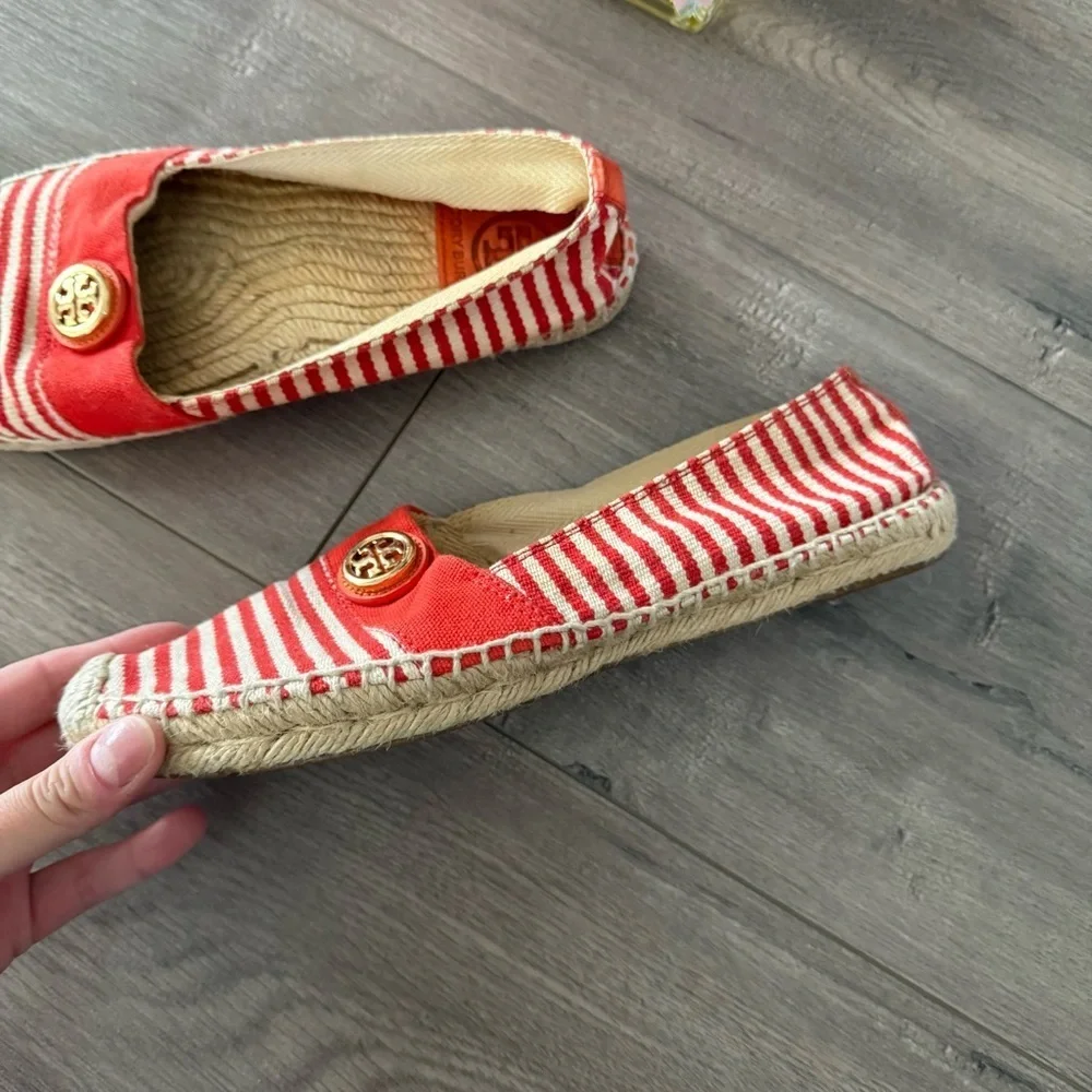 Tory Burch‎ Red Orange Striped Linen Slide On Espadrilles